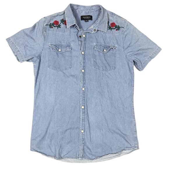 PacSun Denim Western Shirt Medium Embroidered Roses - Picture 2 of 8